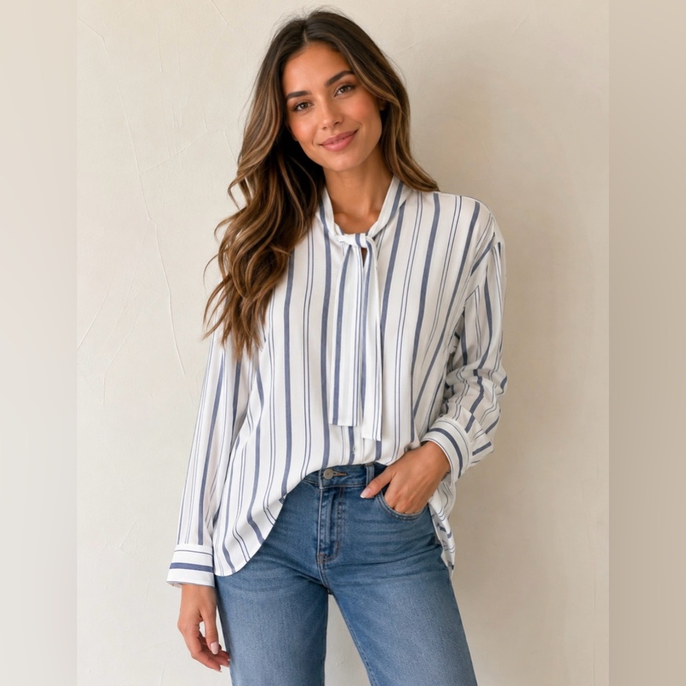 Elizabeth and James White/Blue Vertical Stripe Button-Down Shirt  NWOT